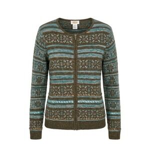 VTG Talbots Cardigan Sweater Women L Green Fair Isle Sequin Full Zip Cabincore